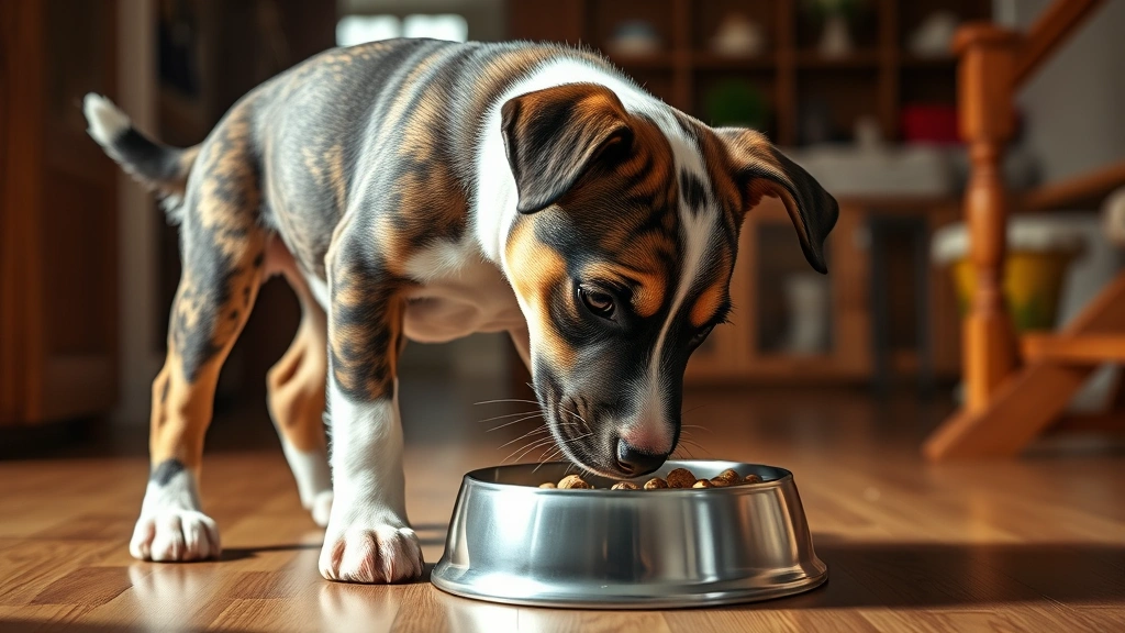 when do mixed breed dogs stop growing -
Photorealistic image of a large mixed breed puppy eating from a food bowl indoo