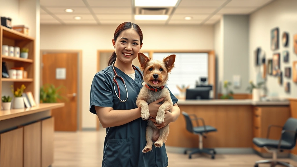 where can i take a stray dog -
Photorealistic image of a veterinary clinic reception area with a staff member 