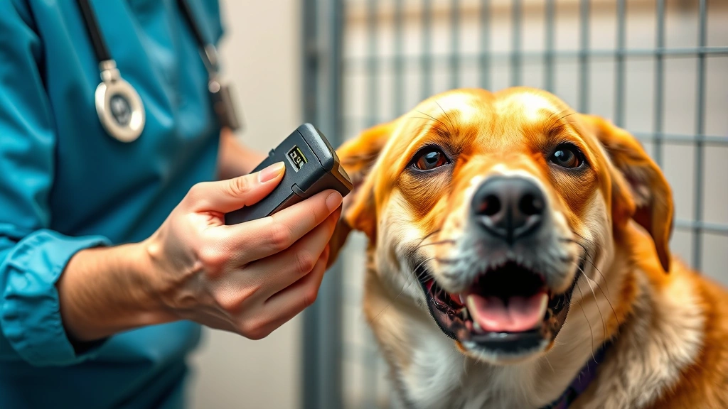 where can i take a stray dog -
Photorealistic image of a rescue shelter worker scanning a dog with a microchip