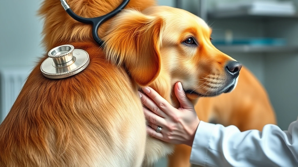 where is a dog's heart -
Photorealistic photograph of veterinarian using stethoscope to examine a calm g