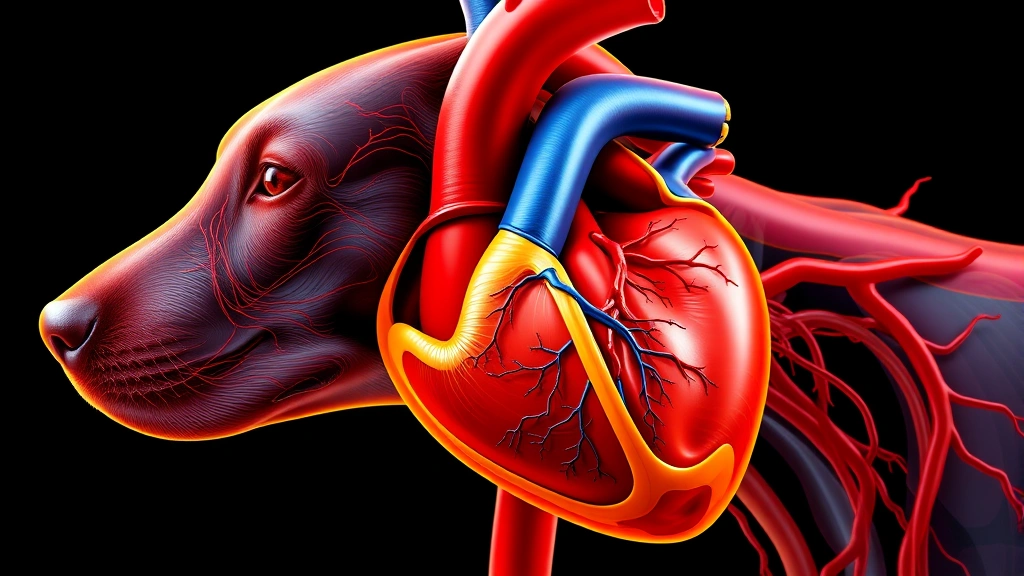 where is a dog's heart -
Photorealistic detailed illustration of dog heart chambers and blood flow pathw