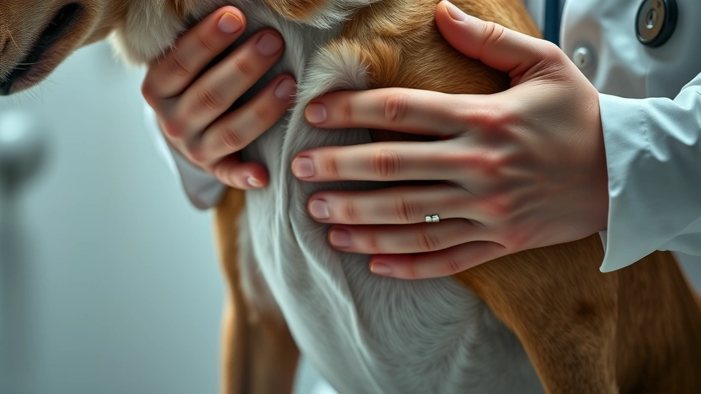 where is a dogs stomach -
Photorealistic close-up of a veterinarian’s hands gently palpating a dog&