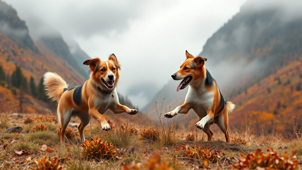 where the red fern grows dog names -
Photorealistic style: Two hunting dogs of different sizes playing together in a