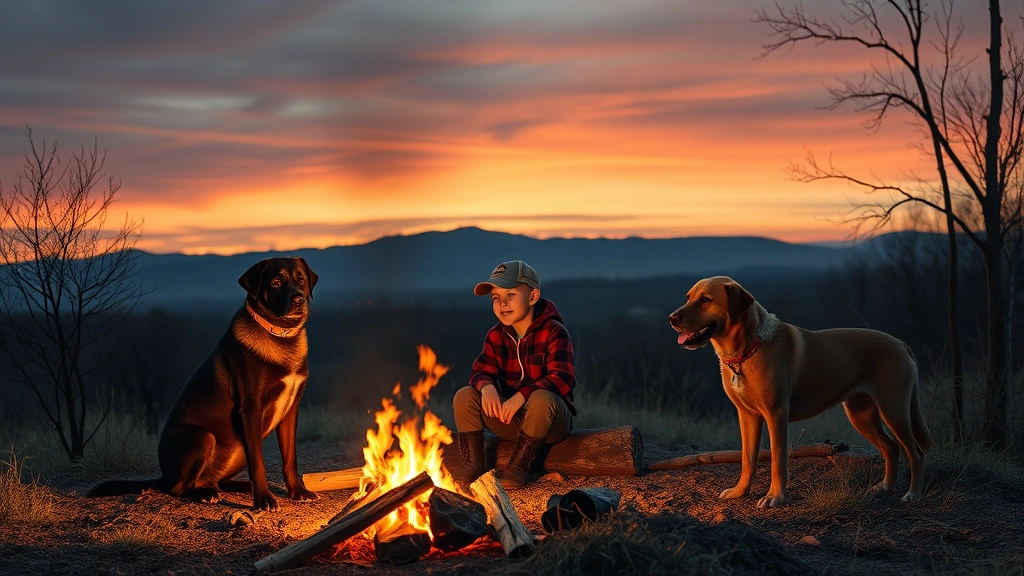 where the red fern grows dog names -
Photorealistic style: A young boy sitting by a campfire with his two beloved hu