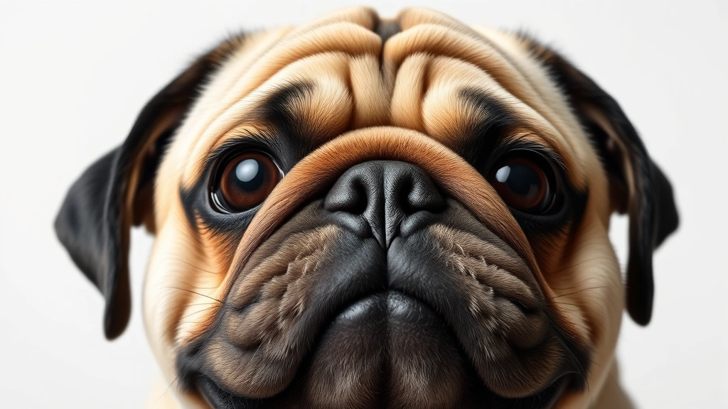 which dog breed has the most expressive face -
Photorealistic image of a Pug’s face showing wrinkled features, large dar