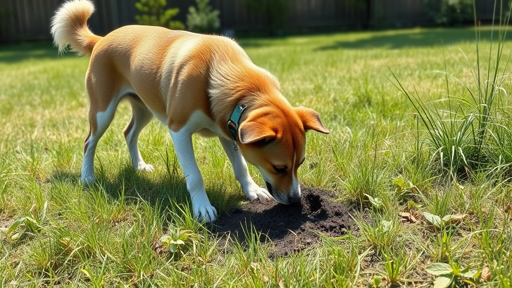 whipworms in dogs -
Photorealistic outdoor scene of a dog sniffing contaminated soil in a grassy ya