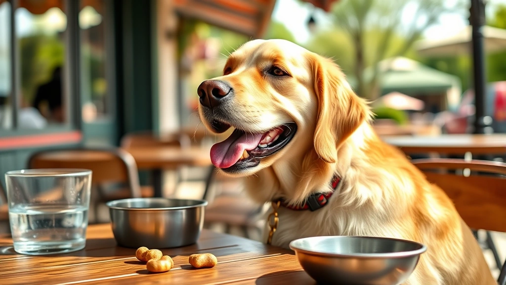 white dog cafe haverford -
Photorealistic close-up of a happy golden retriever wearing a collar sitting at