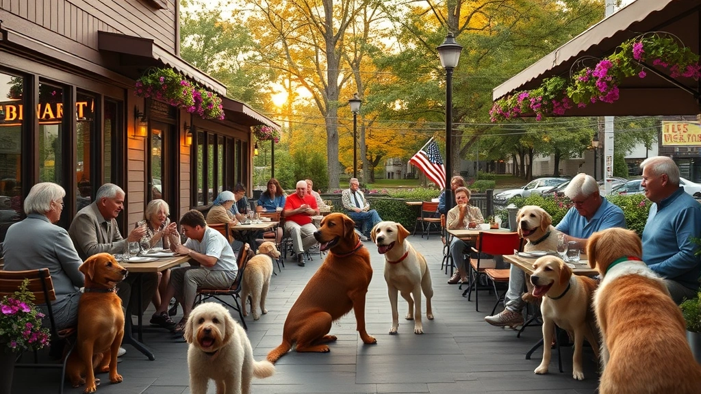 white dog cafe haverford -
Photorealistic wide shot of a pet-friendly restaurant patio in suburban Pennsyl