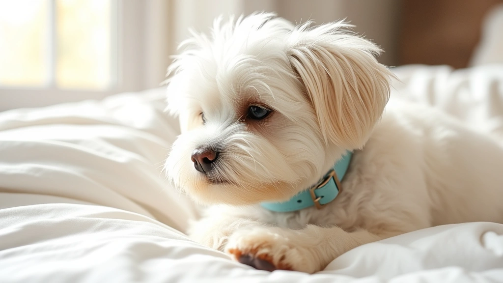 white dog names -
Photorealistic image of a white Maltese dog wearing a light blue collar, lying 