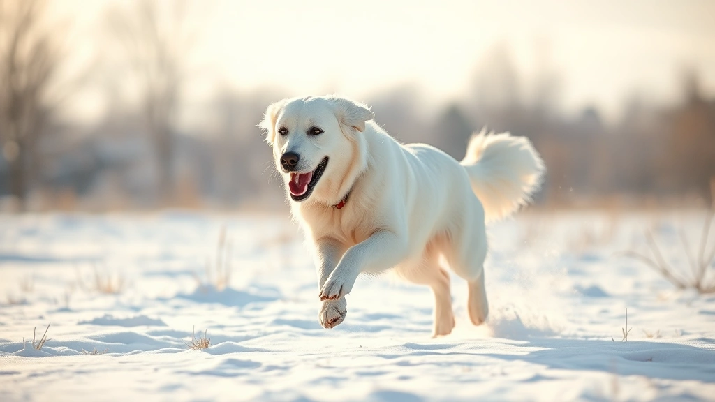 white dog names -
Photorealistic image of a white Golden Retriever running through a snowy field,