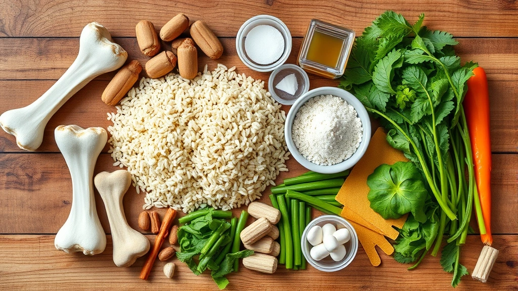 white dog poop -
Photorealistic photo of various dog food ingredients laid out including bones, 