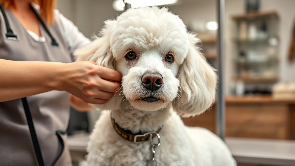white dogs -
Photorealistic image of a white Standard Poodle being groomed by a professional