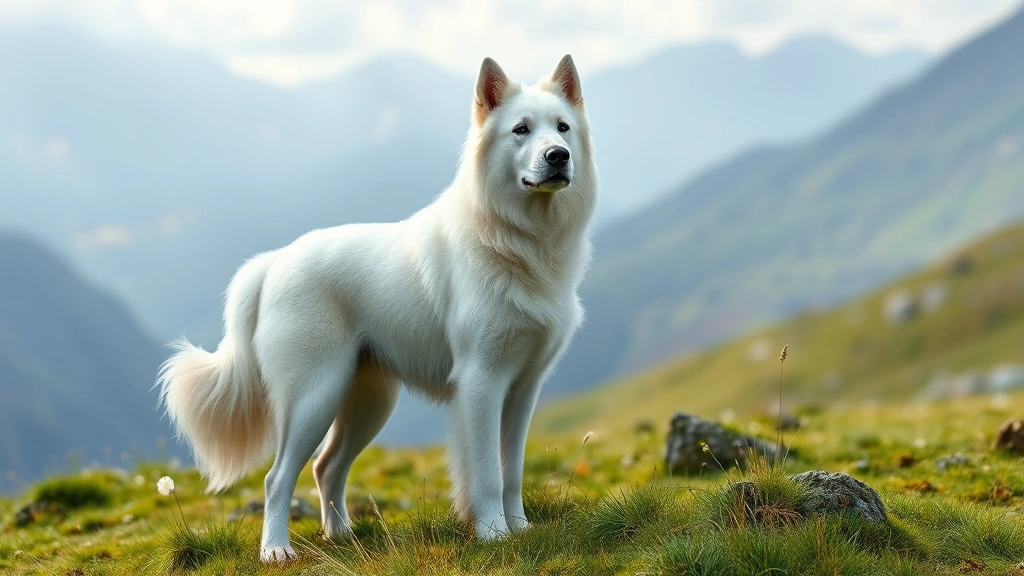 white fluffy dog -
Photorealistic image of a white Great Pyrenees standing majestically in a mount