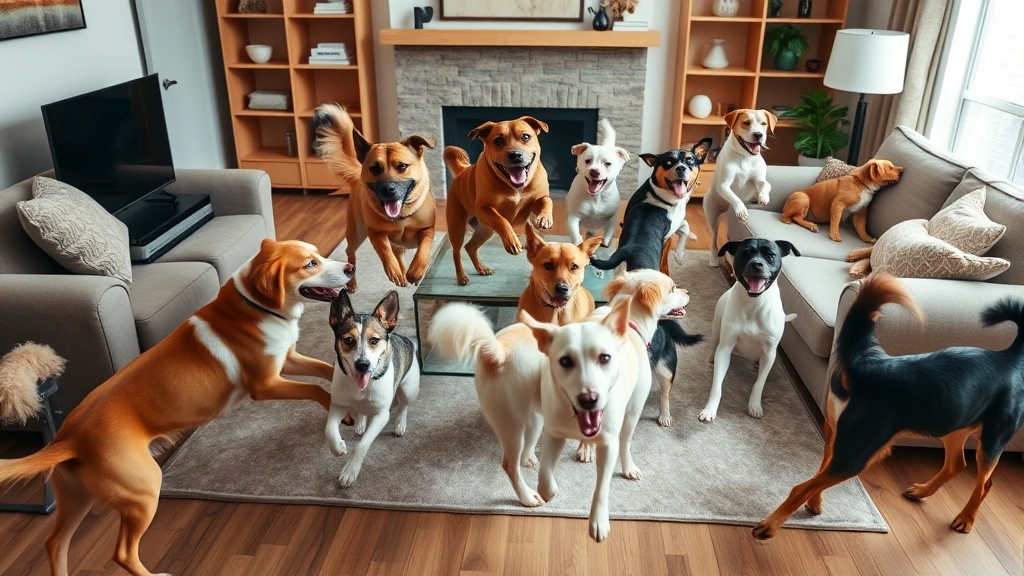 who let the dogs out gif -
Multiple dogs of different breeds playing chaotically together in a living room