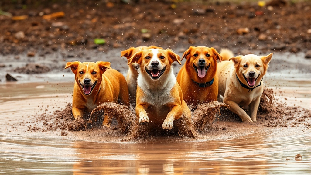 who let the dogs out gif -
A group of dogs splashing and playing in a muddy puddle or shallow water, compl