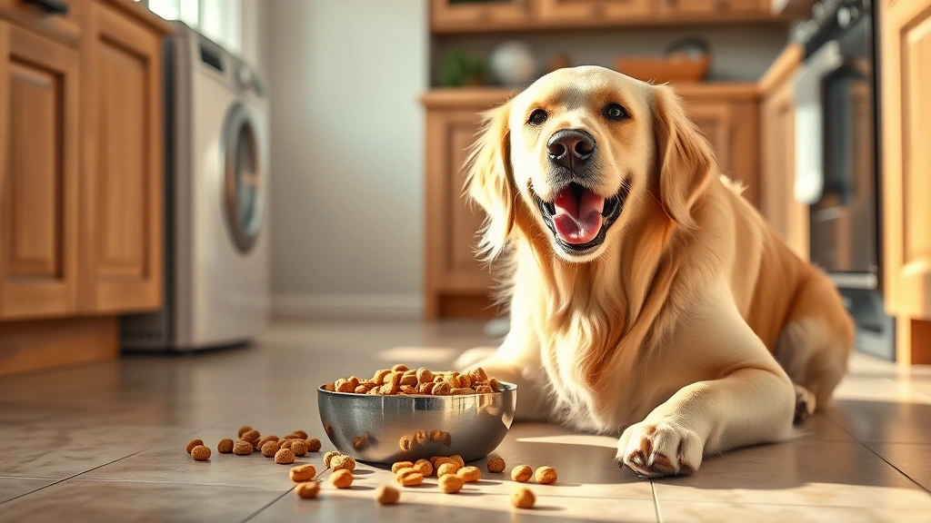 who makes kirkland signature dog food -
Photorealistic photo of a happy golden retriever eating from a bowl of kibble, 