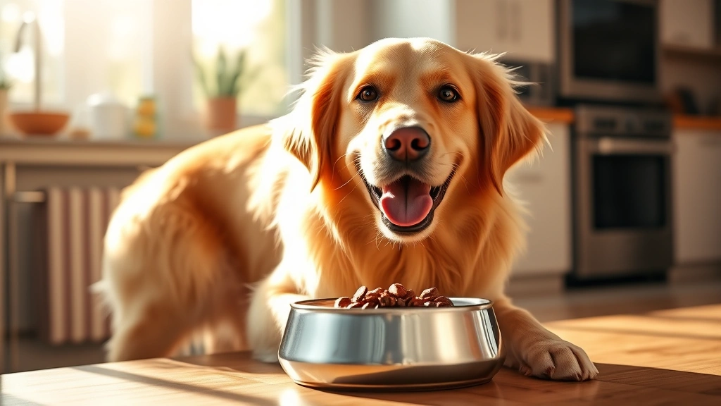 whole hearted dog food -
Photorealistic happy golden retriever eating from a bowl of dog food, bright ki