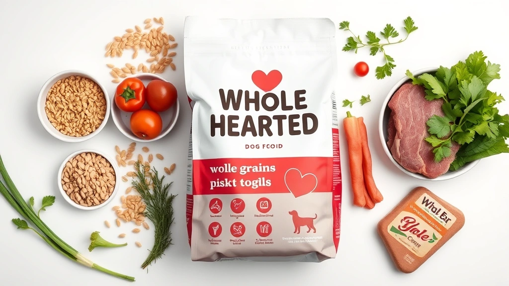 whole hearted dog food -
Photorealistic flat lay of Whole Hearted dog food bag next to ingredient compon