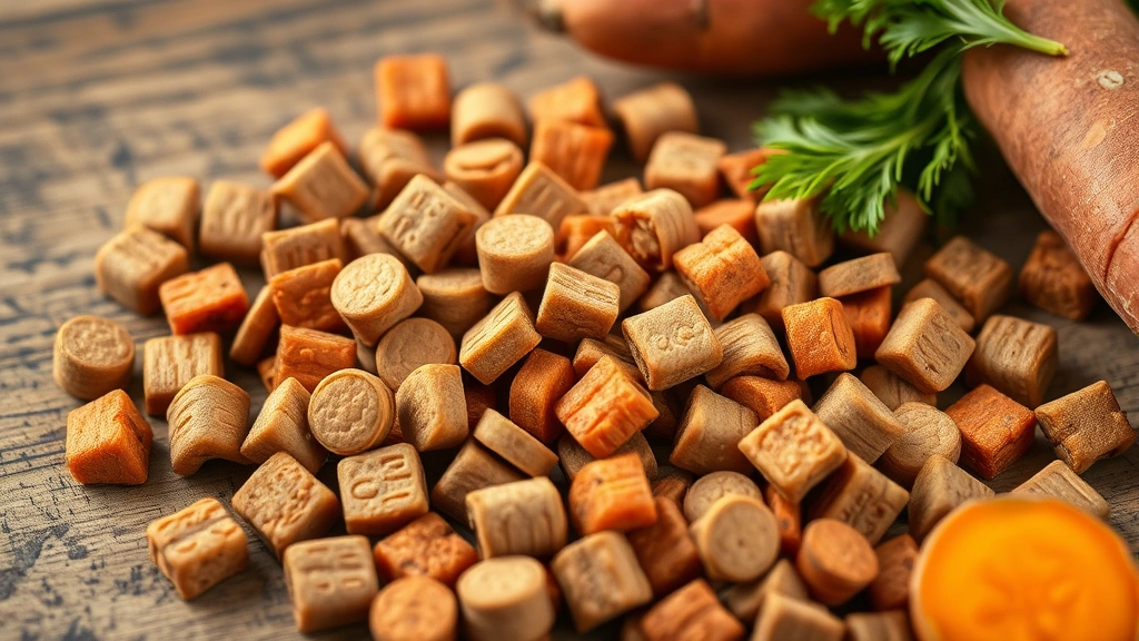 wholesomes dog food -
Close-up of premium dog kibble pieces showing texture and quality, scattered on