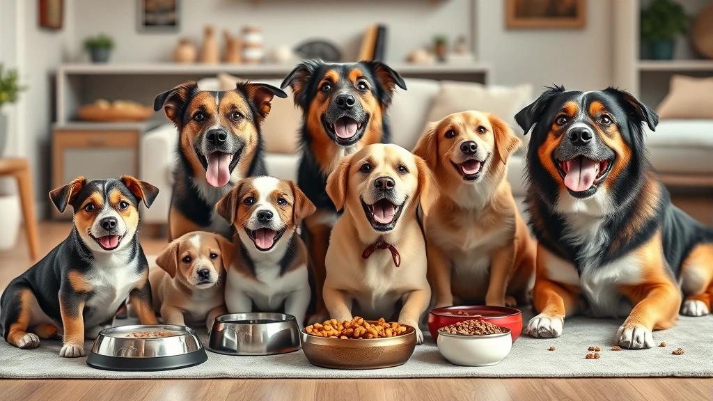 wholesomes dog food -
A family of different dog breeds (small, medium, large) enjoying their meals to