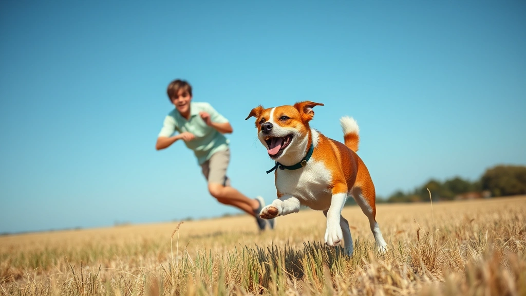 why a dog is better than a cat -
Photorealistic image of a young man playing fetch with an energetic brown and w