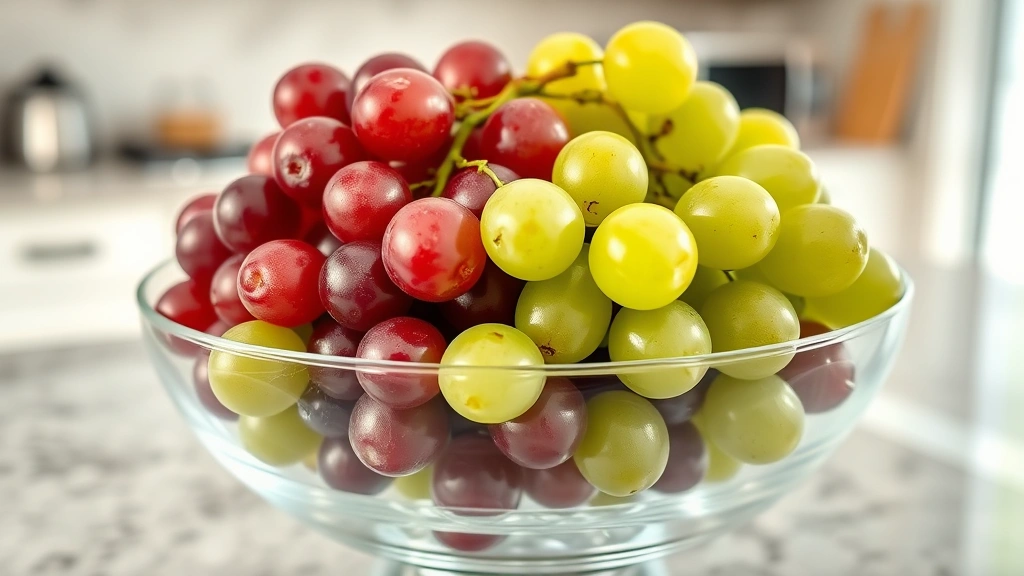 why can't dogs eat grapes -
Close-up of fresh green and red grapes in a glass bowl on a kitchen counter, ph