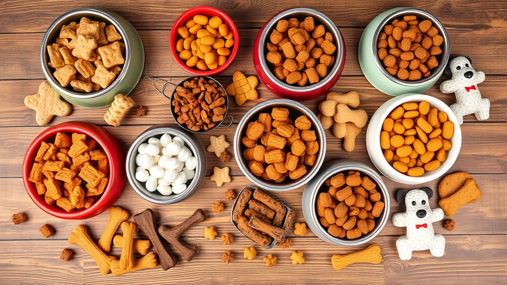 why did my dog poop blood -
Photorealistic photo of various dog food bowls and treats arranged on a wooden 