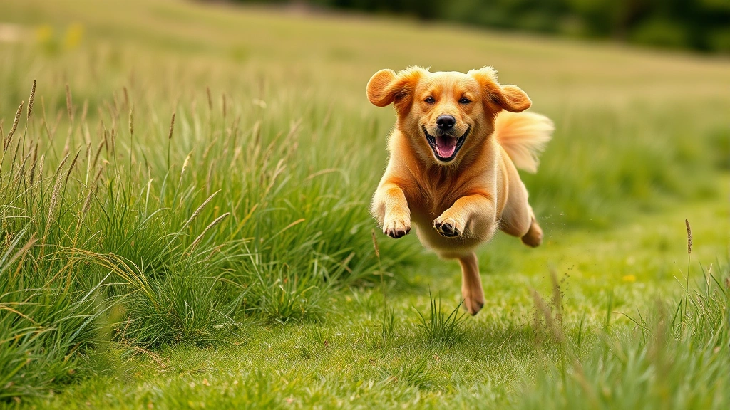 why do cats live longer than dogs -
An energetic golden retriever running and jumping in a grassy field, photoreali