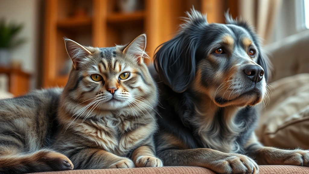 why do cats live longer than dogs -
A senior cat and senior dog sitting together peacefully indoors, photorealistic
