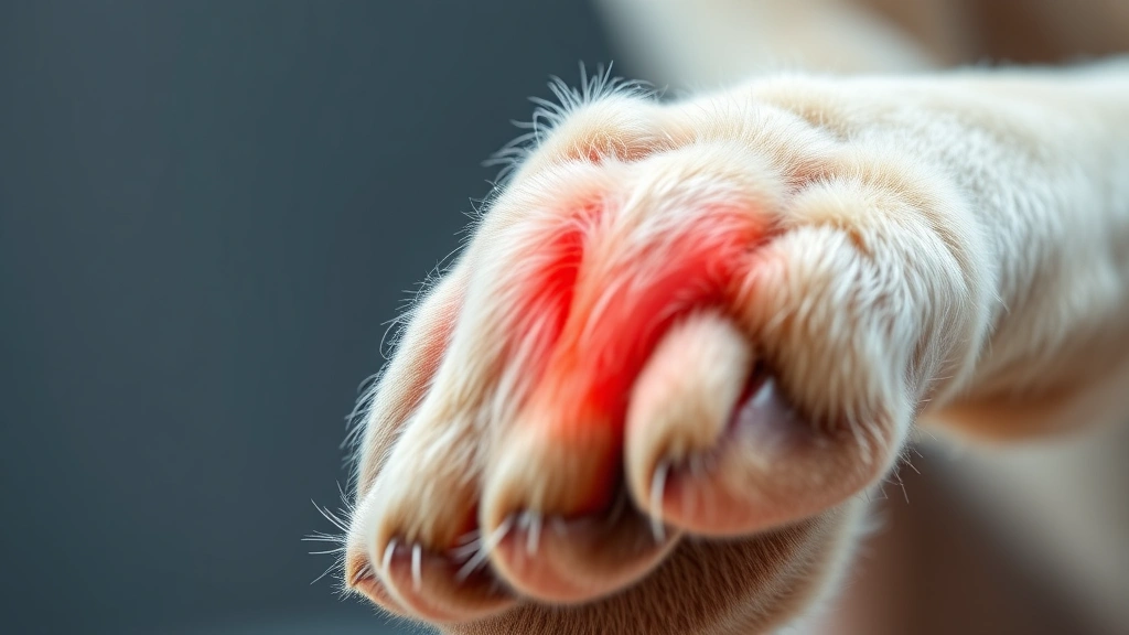 why do dogs bite their nails -
Photorealistic image of a dog’s paw showing redness and irritation betwee