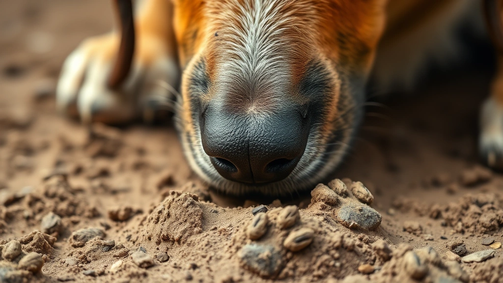 why do dogs bury their food -
Close-up of dog’s nose near buried spot in dirt with paw prints around it
