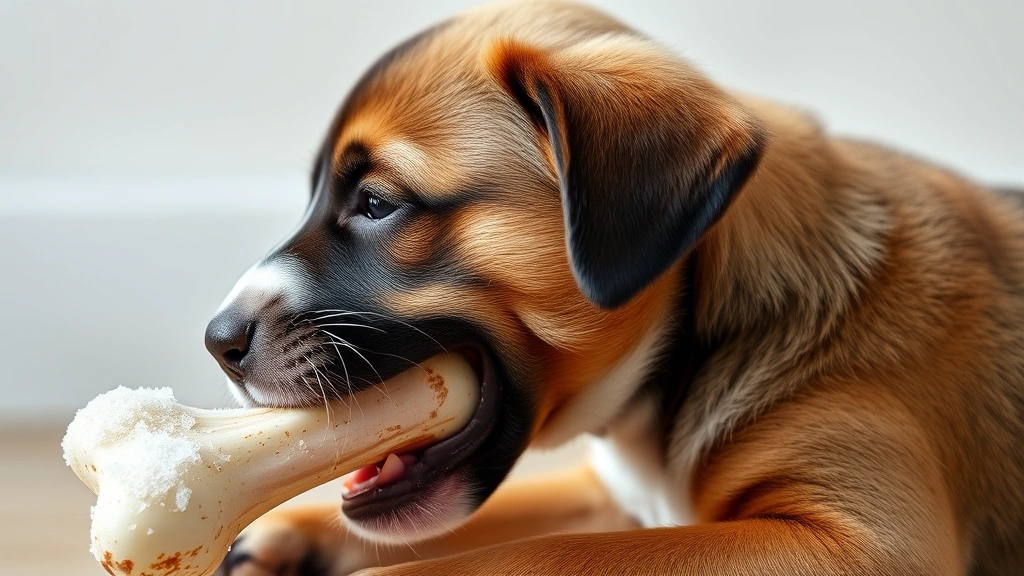 why do dogs chew bones -
Photorealistic side-view of a puppy with teething relief, gently chewing on a f