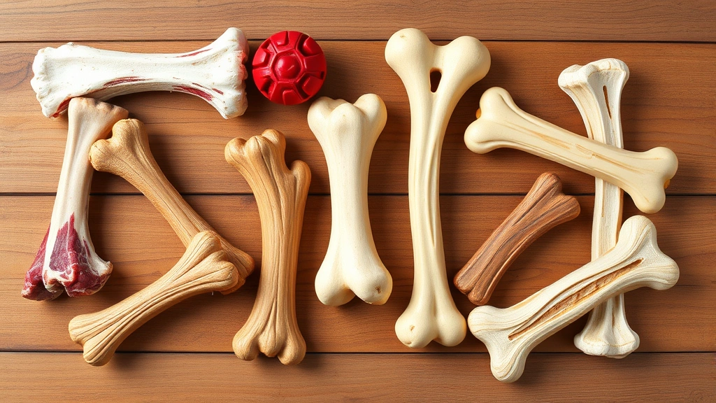 why do dogs chew bones -
Photorealistic overhead shot of various dog chew options including raw bones, r