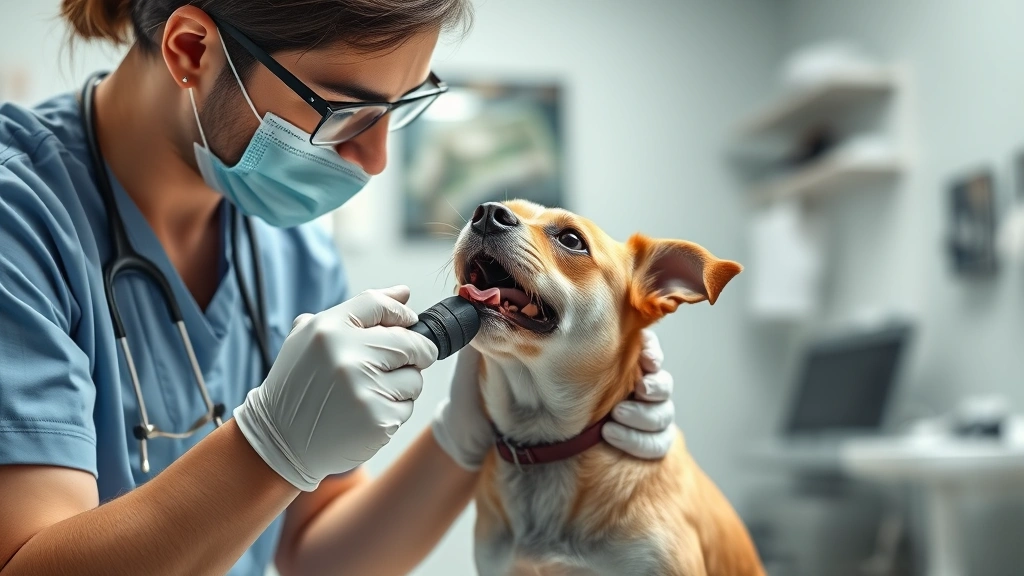 why do dogs cough -
Photorealistic image of a veterinarian examining a small dog’s throat wit