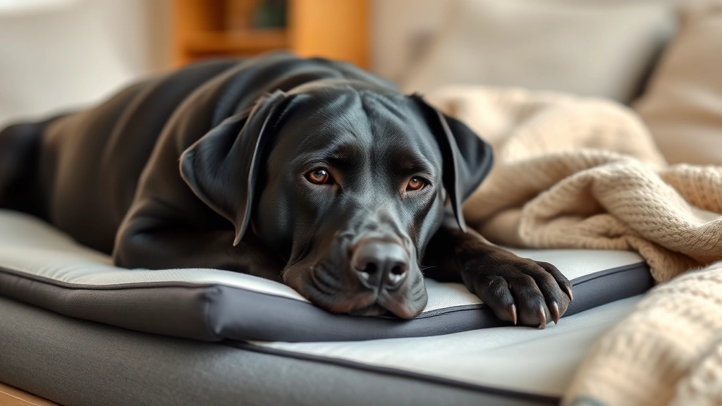 why do dogs cry in their sleep -
Senior black Labrador resting on orthopedic memory foam bed, gentle expression,
