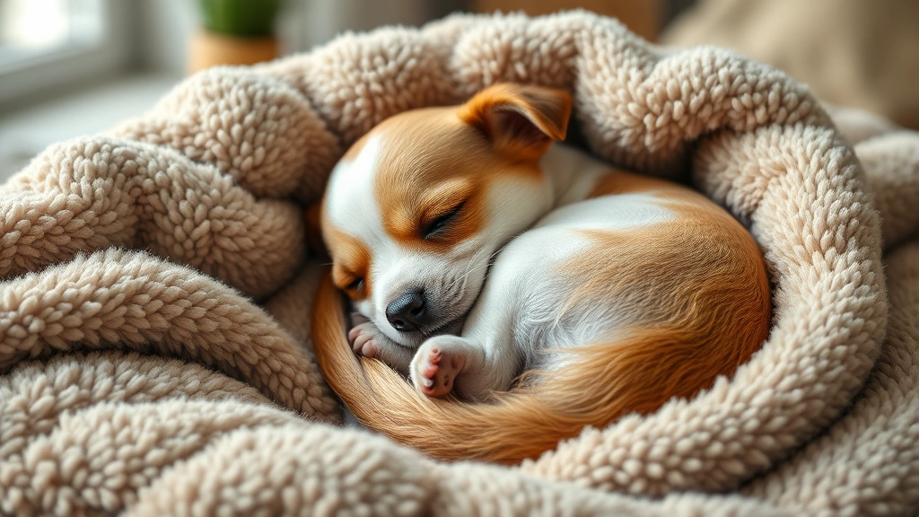 why do dogs cry in their sleep -
Small dog curled up in a ball on plush bedding during afternoon nap, peaceful e
