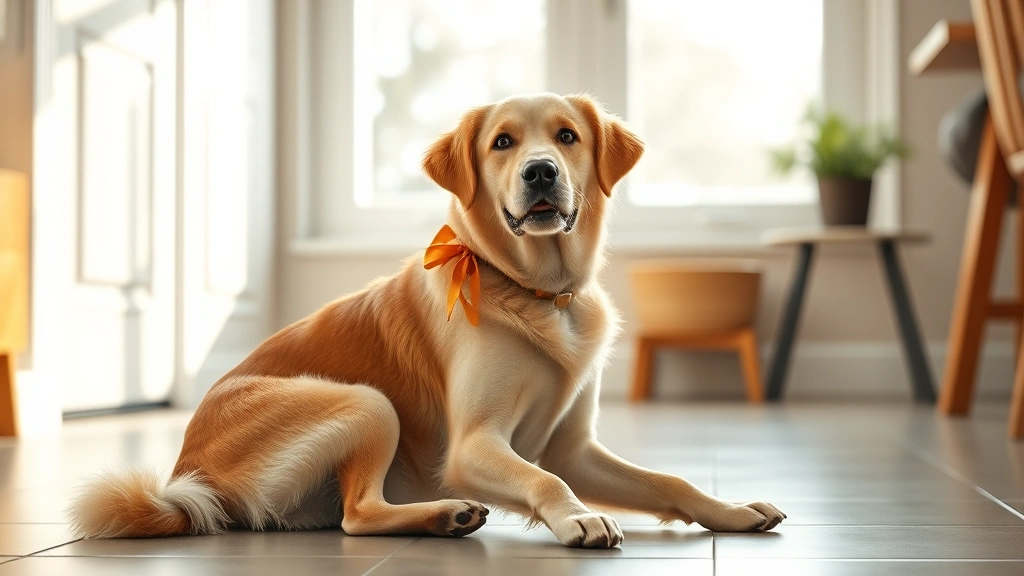 why do dogs drag their butts on the ground -
Photorealistic image of a healthy dog sitting contentedly on a tile floor indoo