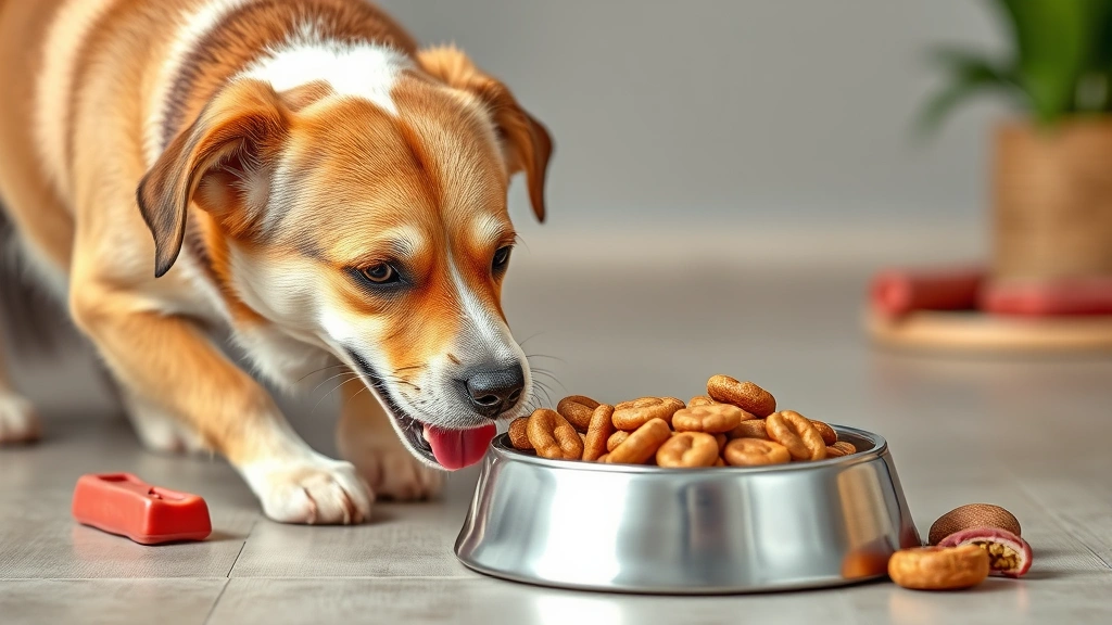 why do dogs eat cat poop -
photorealistic style: happy dog eating from a premium dog food bowl with fresh 