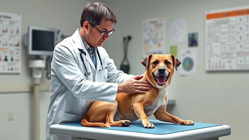 why do dogs eat dirt -
Photorealistic image of a veterinarian in white coat examining a medium-sized d