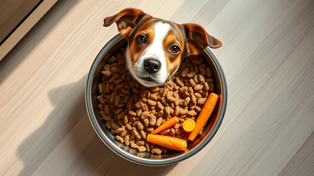why do dogs eat dirt -
Photorealistic overhead shot of a dog’s food bowl filled with premium kib