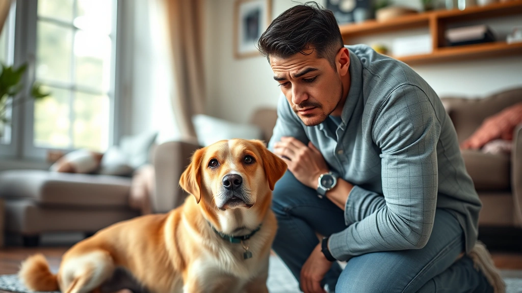why do dogs eat their throw up -
Photorealistic photo of a concerned dog owner kneeling beside their dog, both l