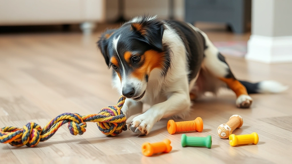 why do dogs eat underwear -
A dog playing with appropriate rope toy and chew toys scattered on floor