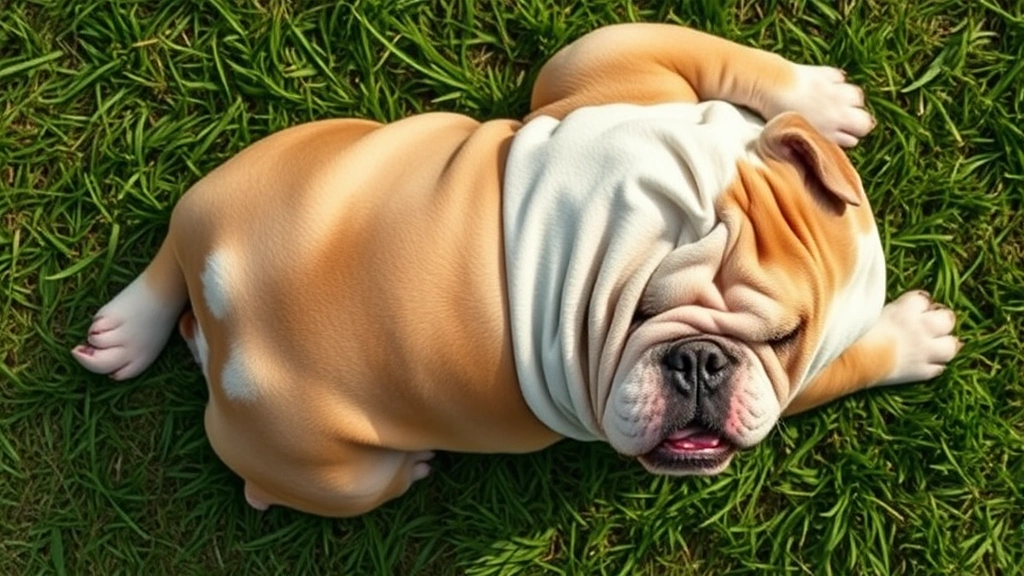 why do dogs get skin tags -
Photorealistic overhead view of an overweight bulldog lying on grass, showing s