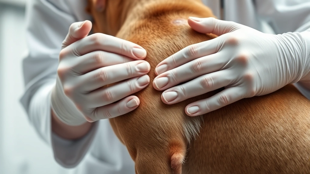 why do dogs get skin tags -
Photorealistic image of a veterinarian’s hands gently examining a small s