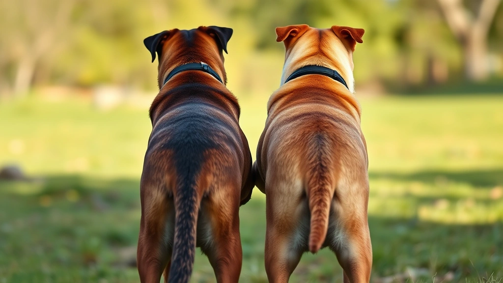 why do dogs get stuck together when mating -
Photorealistic image of two dogs standing rear-to-rear in a natural outdoor set