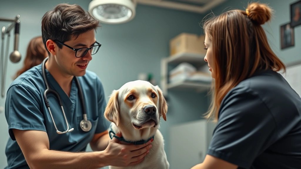 why do dogs get stuck together when mating -
Photorealistic close-up of a veterinary examination room with a vet consulting