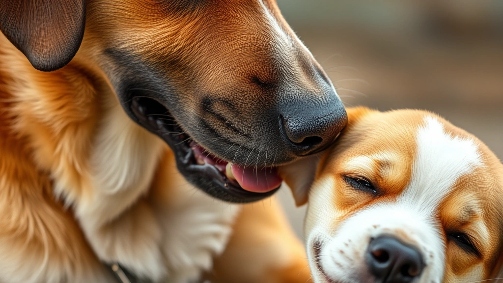 why do dogs groom each other -
Close-up of a larger dog tenderly licking a smaller dog’s ear, demonstrat