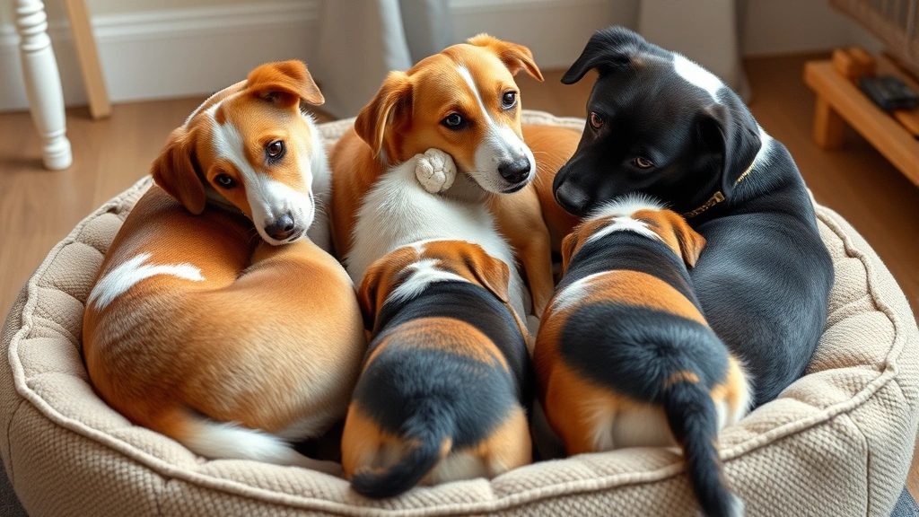 why do dogs groom each other -
Pack of three mixed breed dogs engaged in mutual grooming on a comfortable dog