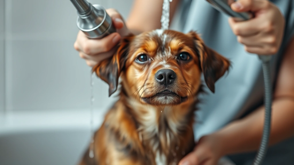 why do dogs hate baths -
A dog owner gently bathing a small brown dog with a handheld showerhead, both l