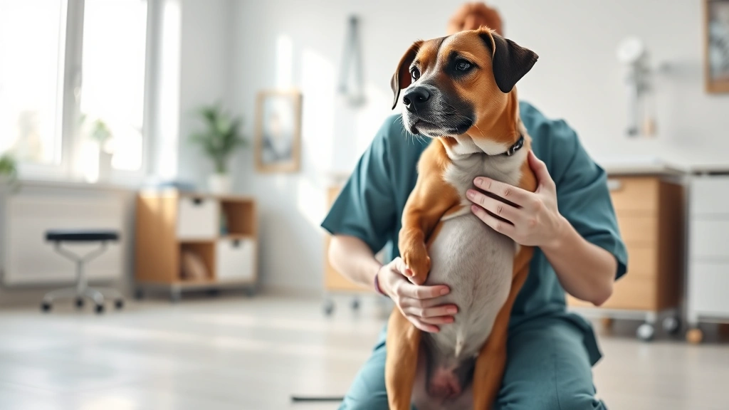 why do dogs have diarrhea -
Photorealistic image of a veterinarian examining a dog’s abdomen during a